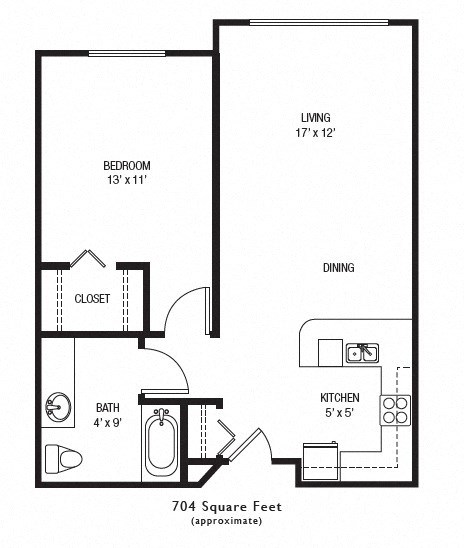 Floor plan for 1 bed, 1 bath, 695 sqft